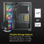 ⁦آزا كيس جهاز الكمبيوتر نبتون متوسط الحجم، لوحتين أماميتين وجانب أيسر من الزجاج المقوى، مع ٤ مراوح آر جي بي - أسود⁩ - الصورة ⁦4⁩