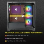 ⁦آزا كيس جهاز الكمبيوتر نبتون متوسط الحجم، لوحتين أماميتين وجانب أيسر من الزجاج المقوى، مع ٤ مراوح آر جي بي - أسود⁩ - الصورة ⁦3⁩