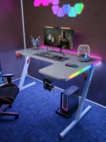 ⁦جاماكس P201-RB طاولة ألعاب كاربون فايبر RGB مقاس 140x100x74 سم مع ماوس باد (شكل L - يمين) - ابيض (غير شامل التركيب)⁩ - الصورة ⁦2⁩